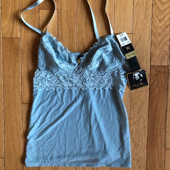 Brand New Marilyn Monroe Women's Camisole Blue Floral Stretch V-Neck Lace Top - Picture 4 of 7